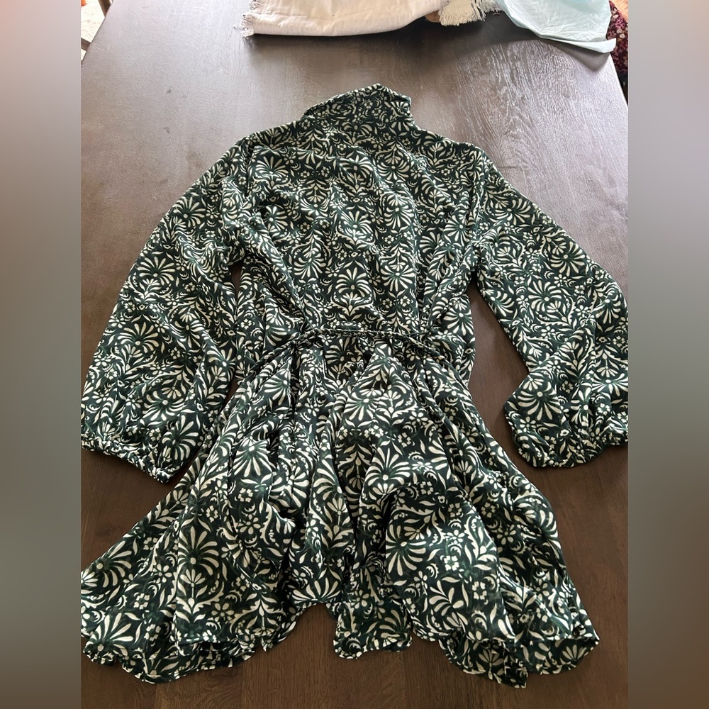 Zara green floral belted long sleeve mini dress maroon full skirt - Picture 13 of 13
